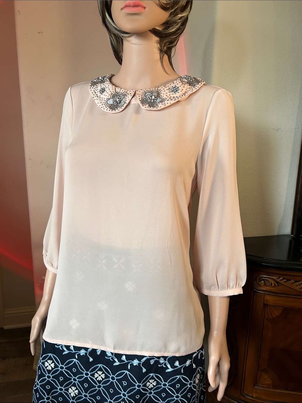 LC Lauren Conrad Blush Beaded Peter Pan Collar Blouse
